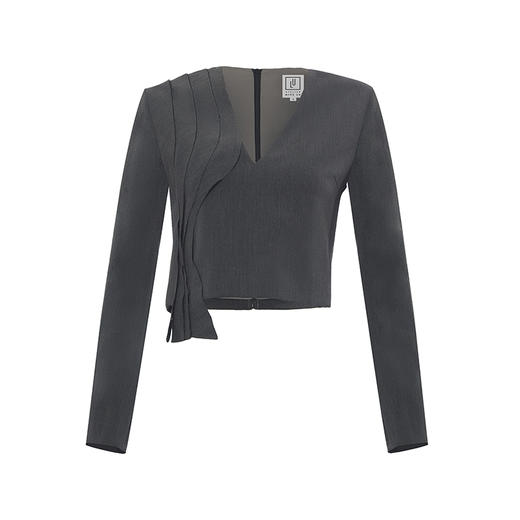 【西莉亚】立体层次裁片拼接烟灰色V领长袖上衣/00209 商品图4