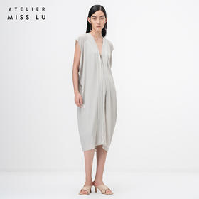 【云淡轻拂】云母绿立裁垂褶V领飘带落肩收腰连衣裙/0000745