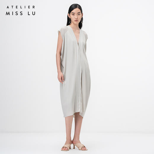 【云淡轻拂】云母绿立裁垂褶V领飘带落肩收腰连衣裙/0000745 商品图0