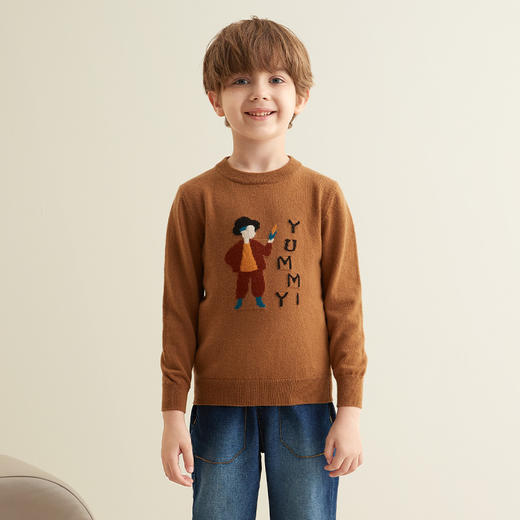 【玉米童装羊绒套衫】21年秋冬童装100%山羊绒套衫圆领套衫卡其卡通图案针织毛衣 商品图2