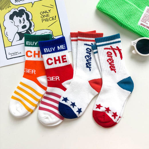 【4双装】儿童春秋新款袜子运动袜时尚字母袜子男女童中筒袜街头韩范潮 商品图5