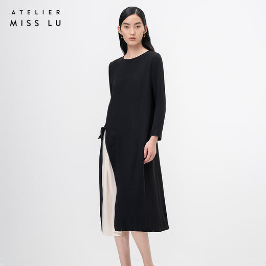 【蓓丽露】黑色拼缝设计系带长袖宽松连衣裙/0000758A 商品图2