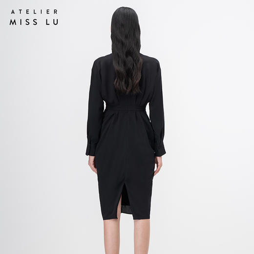 【落纹】黑色立裁垂褶V领收腰长袖连衣裙/0000749A 商品图3