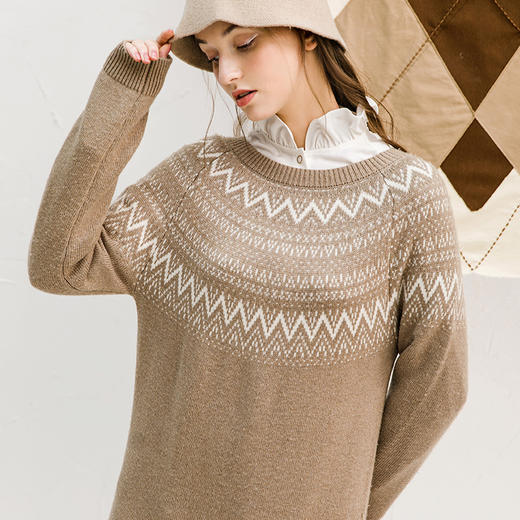 Famecoco范可儿长袖连衣裙秋冬复古提花针织长裙F218FA010 商品图2