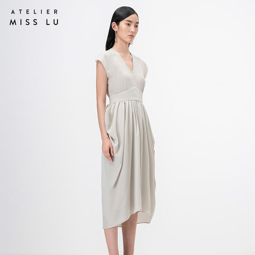 【舒夜森晚】云母绿立裁垂褶V领落肩收腰连衣裙/0000746 商品图1