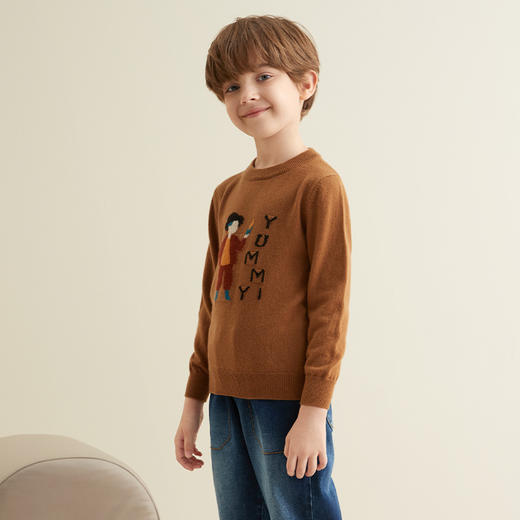 【玉米童装羊绒套衫】21年秋冬童装100%山羊绒套衫圆领套衫卡其卡通图案针织毛衣 商品图3