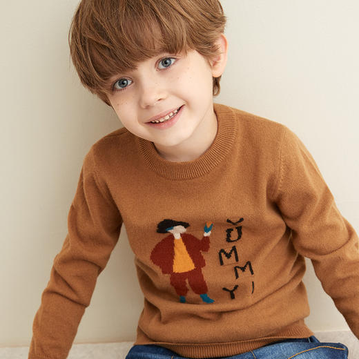 【玉米童装羊绒套衫】21年秋冬童装100%山羊绒套衫圆领套衫卡其卡通图案针织毛衣 商品图1