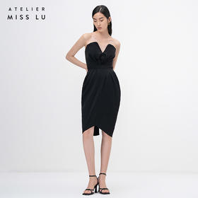 【黑莓之夜】立裁垂褶黑色深V心形抹胸鱼骨连衣裙/0000767