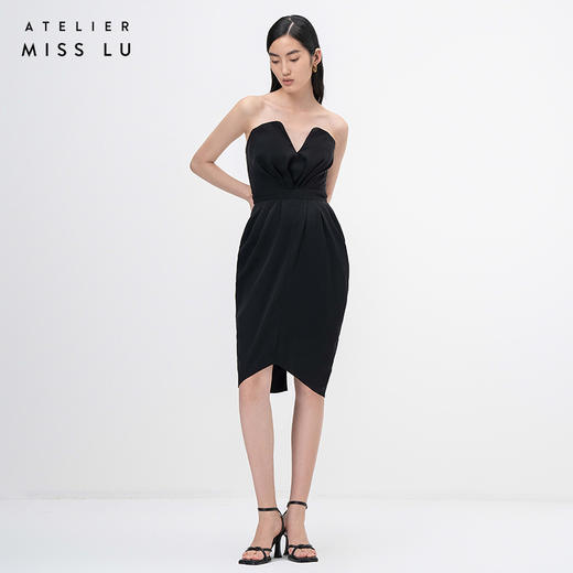 【黑莓之夜】立裁垂褶黑色深V心形抹胸鱼骨连衣裙/0000767 商品图0