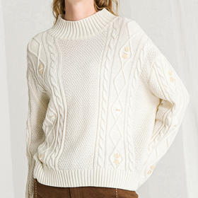 Famecoco范可儿半高领毛衣女秋冬宽松慵懒风菱形提花羊毛针织毛衣F218DB014