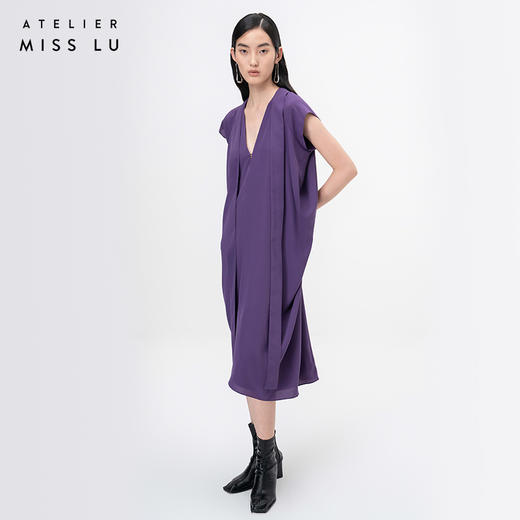 【云淡轻拂】浓郁紫立裁垂褶V领飘带落肩收腰连衣裙/0000745B 商品图1