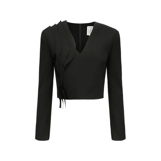 【西莉亚】立体层次裁片拼接黑色V领长袖上衣/00209A 商品图4