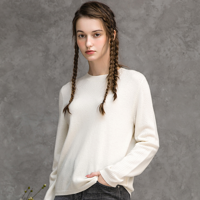 Famecoco范可儿长袖针织衫白色秋冬修身羊毛打底衫薄F218DB017