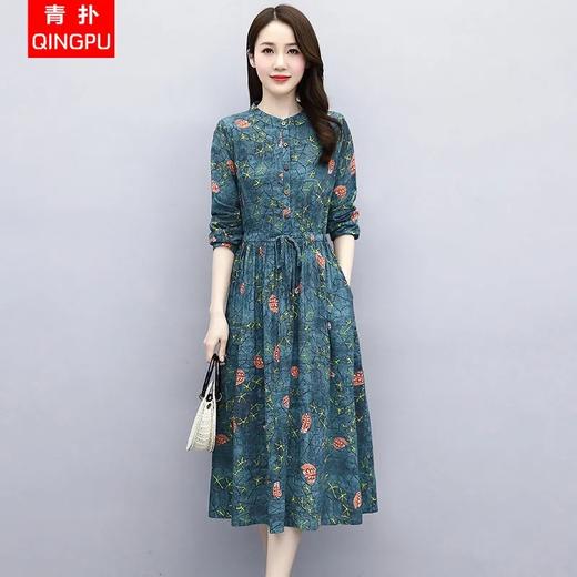 JXG-棉麻连衣裙女中长款2021春装新款长袖打底裙宽松文艺复古印花长裙 商品图0