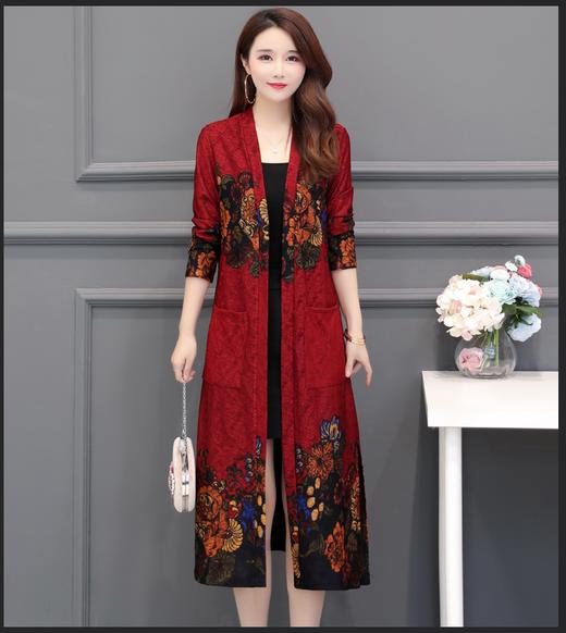 JXG-春季外套女长款过膝印花民族风外搭中老年宽松大码开衫春秋天披肩 商品图1