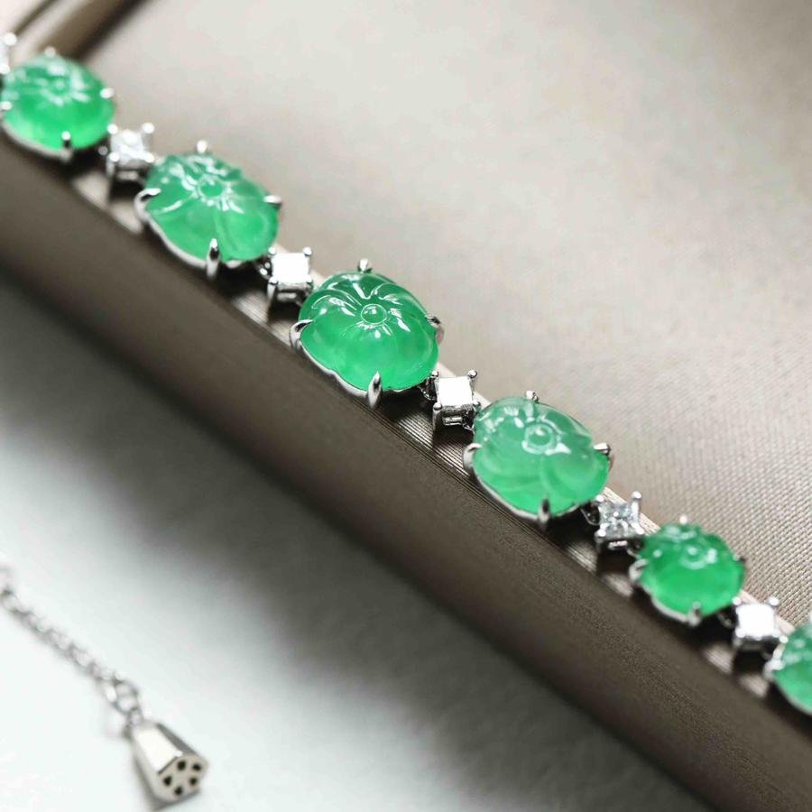 高冰种阳绿翡翠荷叶莲蓬手链18k白金钻石镶嵌