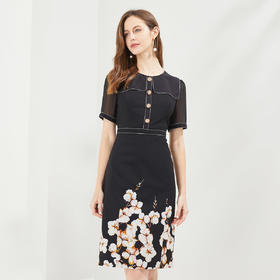 QF86C斯尔丽瑟俪2021年夏季上新短袖带钻修身定位印花连衣裙