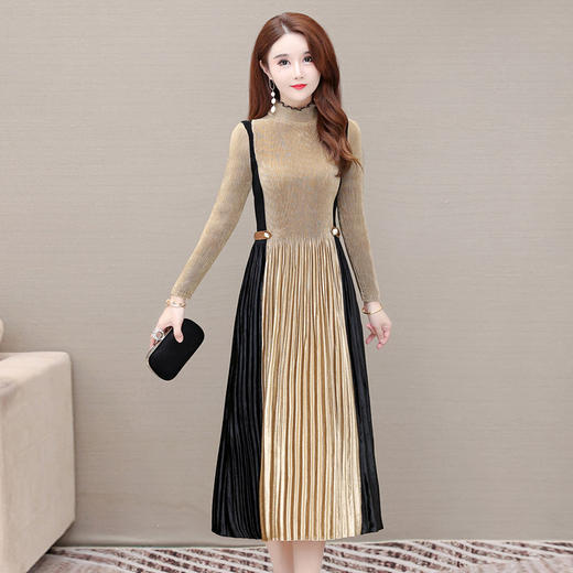 YWE  B1046时尚长袖气质优雅拼色弹力连衣裙 商品图2