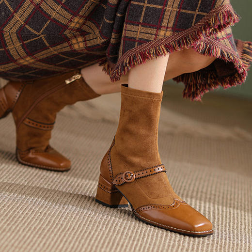 MG  9367复古粗跟瘦瘦靴牛皮马丁靴布洛克侧拉链 商品图2