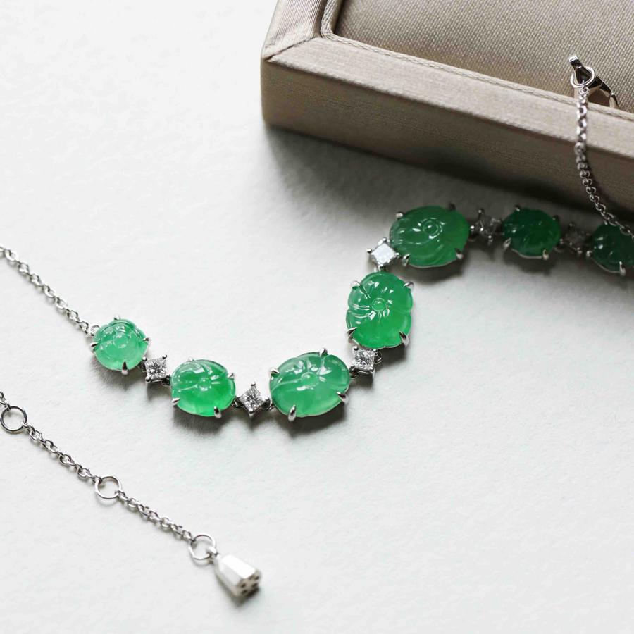 高冰种阳绿翡翠荷叶莲蓬手链18k白金钻石镶嵌