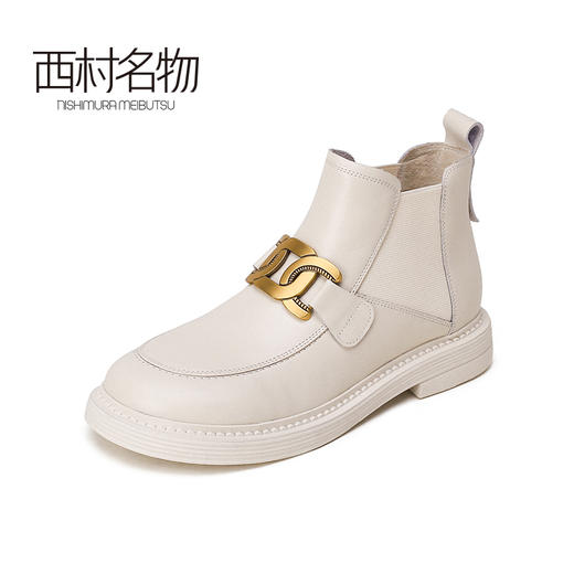 西村名物2021秋冬新款设计金属扣低跟牛皮时尚女靴单靴袜靴X21DS43821 商品图1