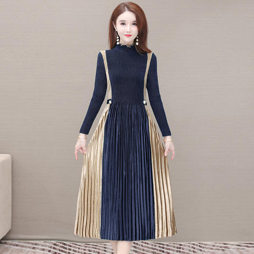 YWE  B1046时尚长袖气质优雅拼色弹力连衣裙 商品图1