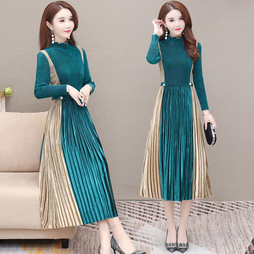 YWE  B1046时尚长袖气质优雅拼色弹力连衣裙 商品图0