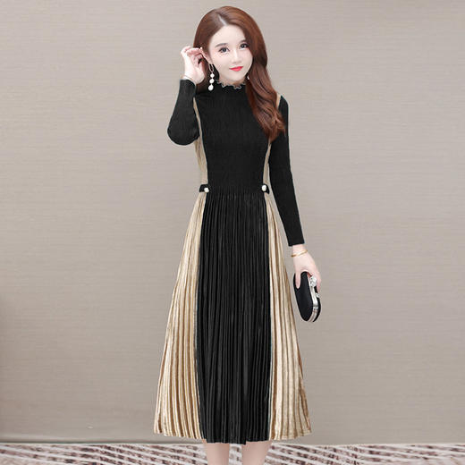 YWE  B1046时尚长袖气质优雅拼色弹力连衣裙 商品图3