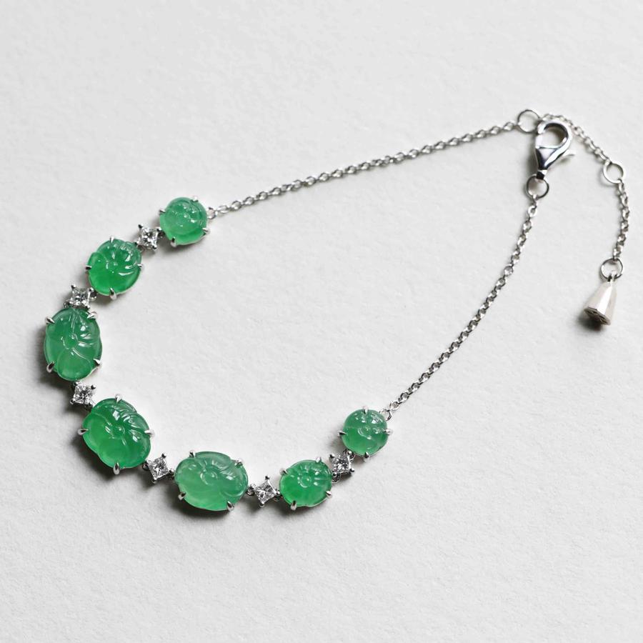 高冰种阳绿翡翠荷叶莲蓬手链18k白金钻石镶嵌