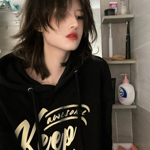 黑色连帽卫衣女春秋薄款宽松ins潮美式街头oversize慵懒bf风上衣七夕情人节 商品图2
