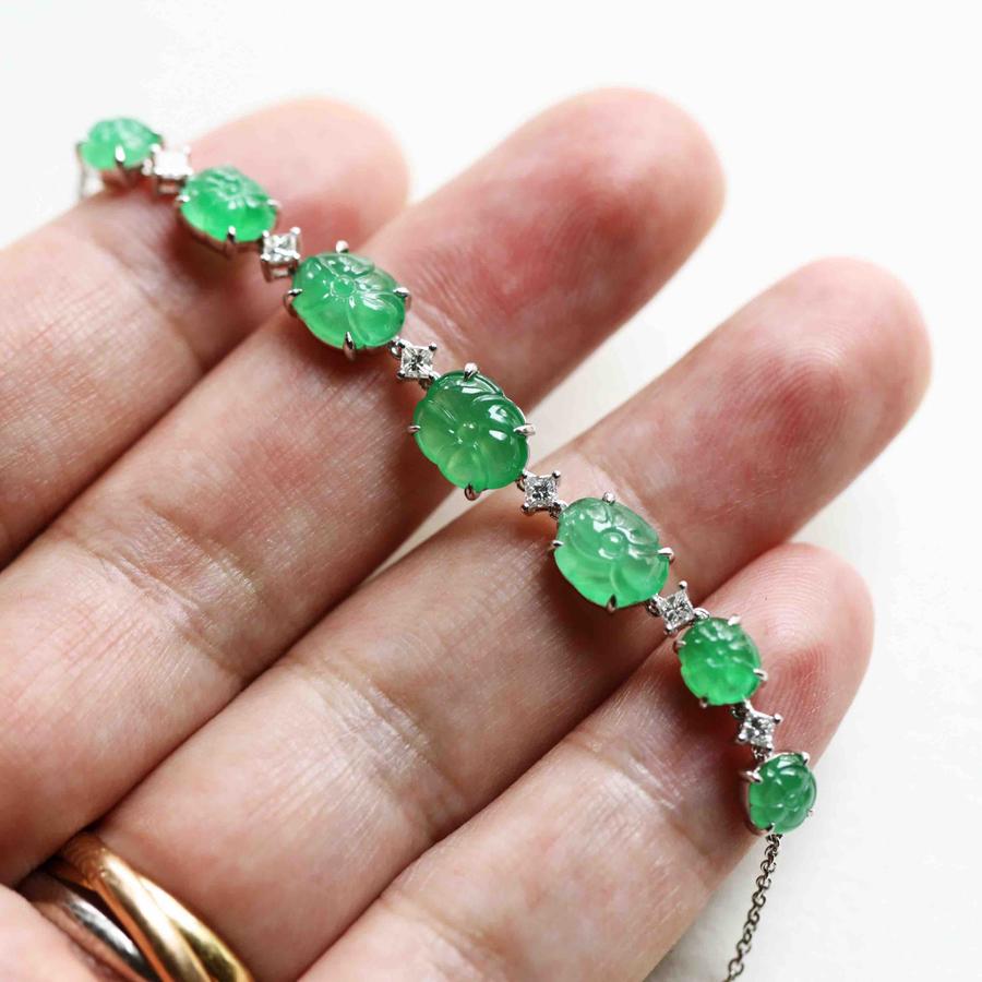 高冰种阳绿翡翠荷叶莲蓬手链18k白金钻石镶嵌