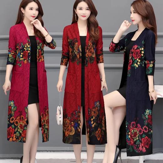 JXG-春季外套女长款过膝印花民族风外搭中老年宽松大码开衫春秋天披肩 商品图0