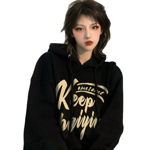 黑色连帽卫衣女春秋薄款宽松ins潮美式街头oversize慵懒bf风上衣七夕情人节 商品图4