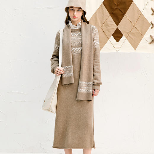 Famecoco范可儿长袖连衣裙秋冬复古提花针织长裙F218FA010 商品图0