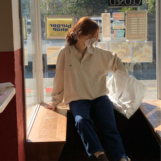 【卫衣】新款韩国东大门慵懒翻领宽松卫衣女棉刺绣长袖显瘦 商品图1