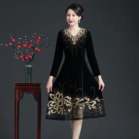 CMY69281新款优雅气质修身V领长袖拼接蕾丝刺绣中长款金丝绒连衣裙