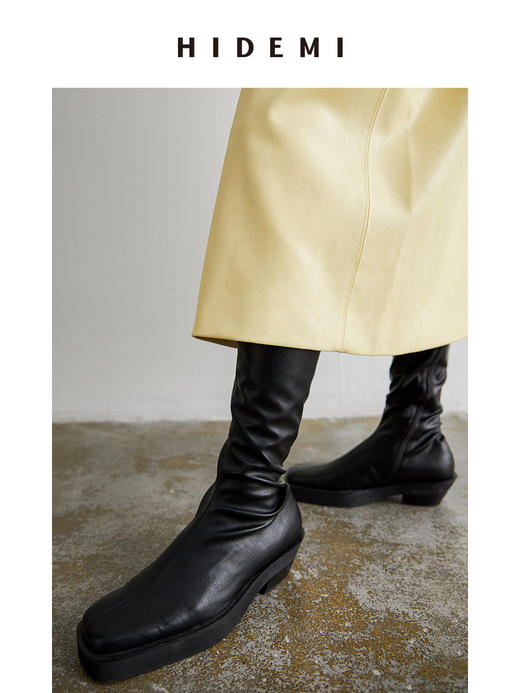 HIDEMI 弹力羊皮女鞋方头厚底过膝靴 商品图2
