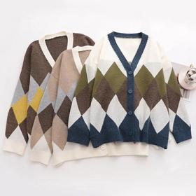 【服饰鞋包】慵懒风针织开衫女菱形格子外搭宽松上衣早秋毛衣外套女装