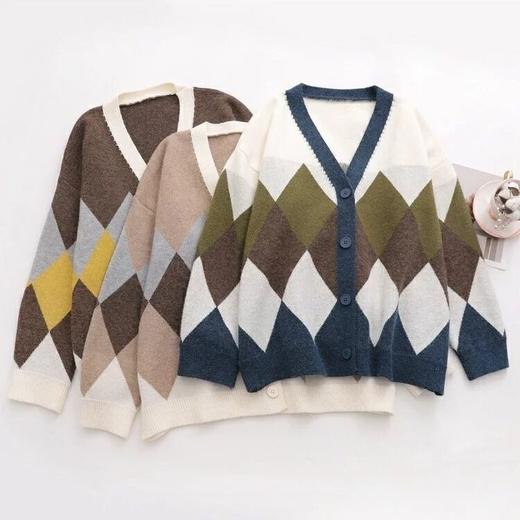 【服饰鞋包】慵懒风针织开衫女菱形格子外搭宽松上衣早秋毛衣外套女装 商品图0