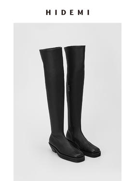 HIDEMI 弹力羊皮女鞋方头厚底过膝靴
