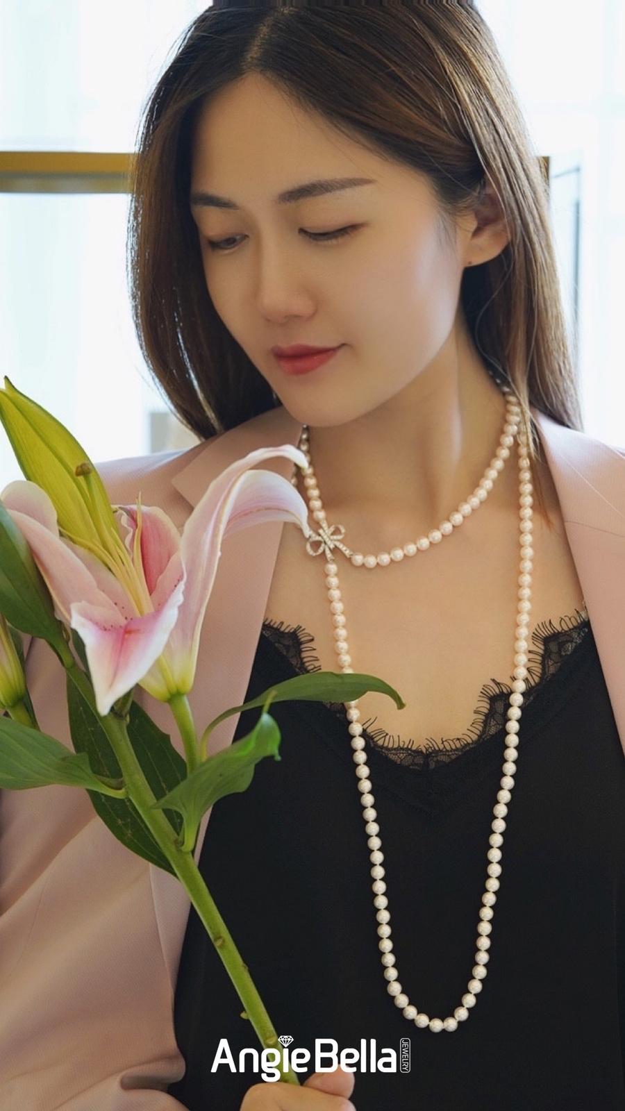 angiebella瑄珠宝 珍珠蝴蝶结长项链