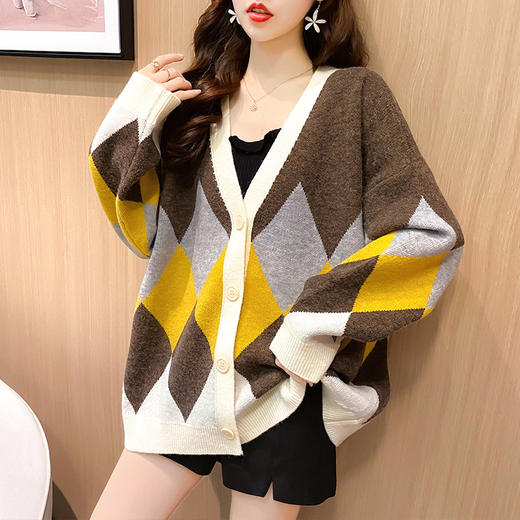 【服饰鞋包】慵懒风针织开衫女菱形格子外搭宽松上衣早秋毛衣外套女装 商品图2