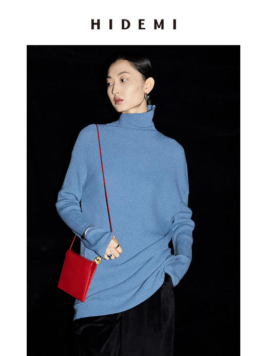HIDEMI 美利奴羊毛雾霾蓝不对称设计感毛衣 商品图3