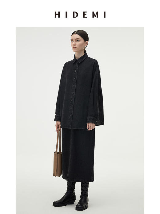 HIDEMI 炭黑色水洗厚牛仔套装 衬衫/半身裙 商品图1