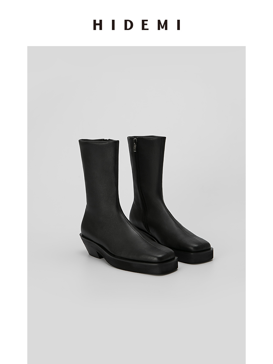 HIDEMI 弹力羊皮女鞋方头厚底踝靴短靴