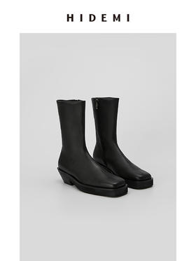 HIDEMI 弹力羊皮女鞋方头厚底踝靴短靴