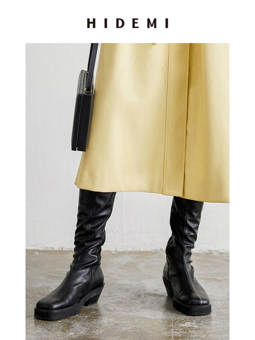 HIDEMI 弹力羊皮女鞋方头厚底过膝靴 商品图3