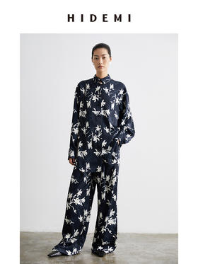 HIDEMI 艺术感手绘蓝白缎面印花自在套装 衬衫/长裤