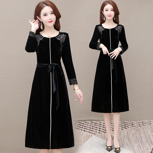 YWE  SM85绣花金丝绒长袖大码连衣裙 商品图1