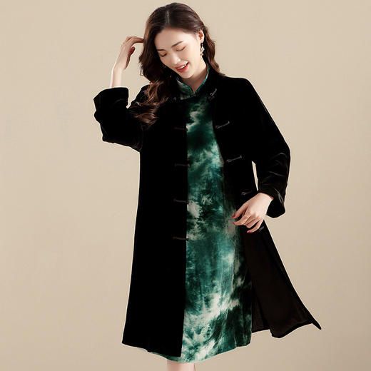 上海旗袍厂AYK-QF-210720真丝丝绒立领长款外套女长袖盘扣复古风衣女2021秋冬新款国风女装 商品图0